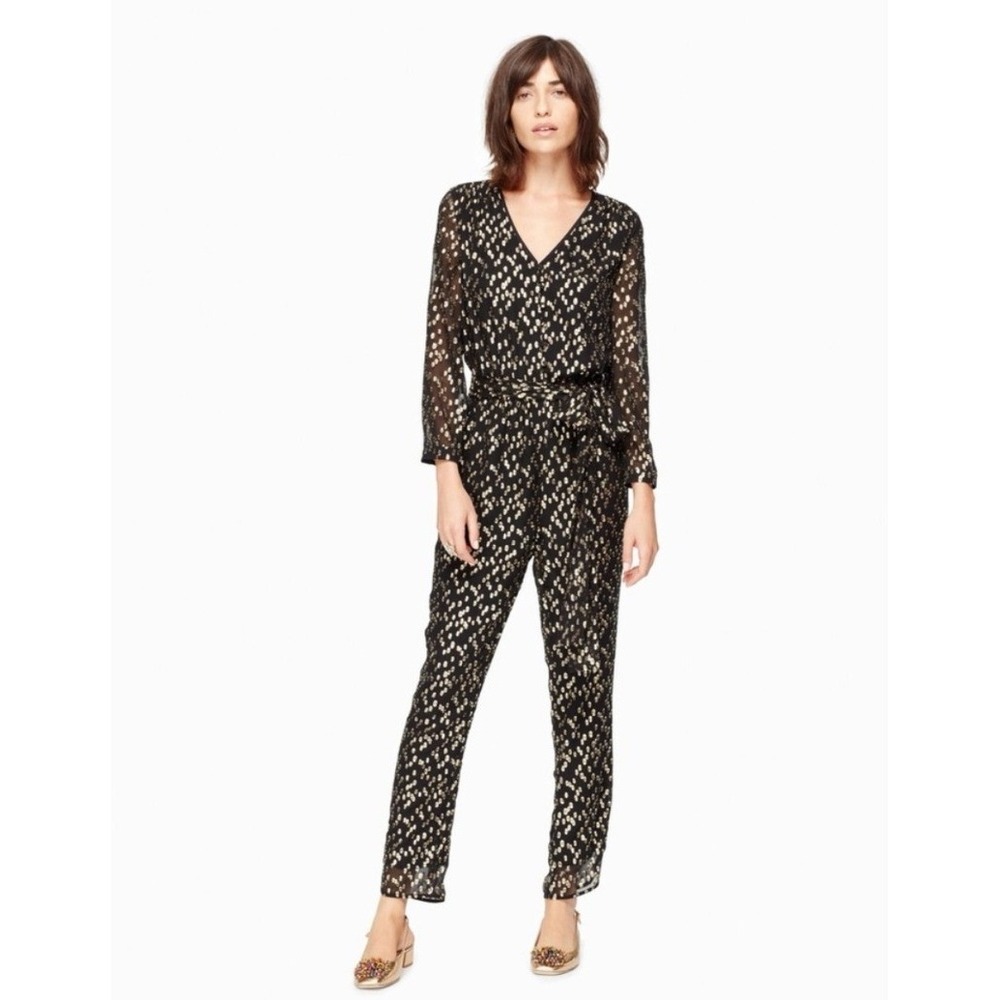 Kate Spade Jumpsuit Womens M Black Excellent Gold Metallic Fil Coupe Dot V-Neck